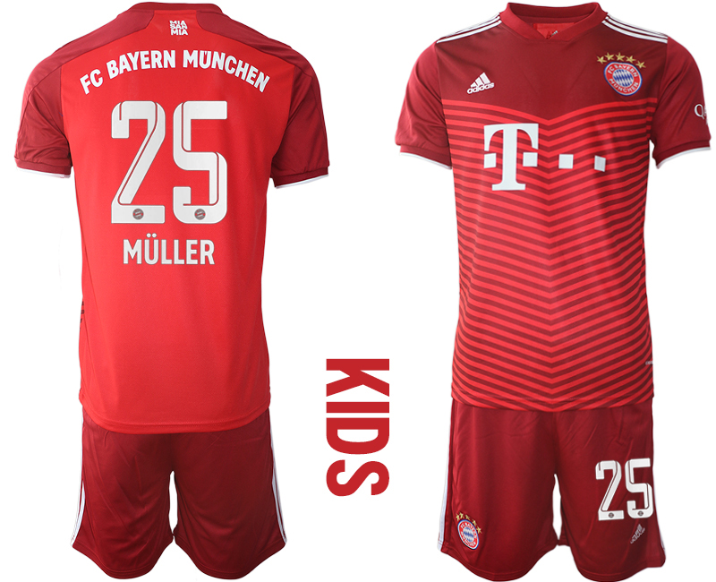 Youth 2021-2022 Club Bayern Munich home red #25 Soccer Jersey->youth soccer jersey->Youth Jersey